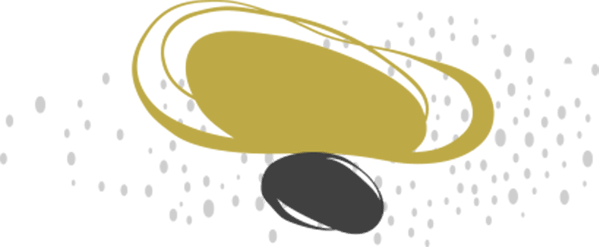 A yellow and black logo with a black circle in the middle.